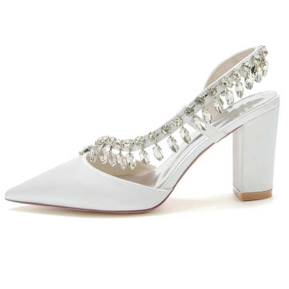 Bridal Shoes for Women with Closed Toe Block Heel and Curved Rhinestone Design
