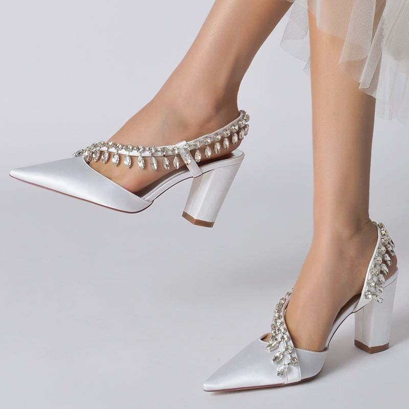 Bridal Shoes for Women with Closed Toe Block Heel and Curved Rhinestone Design