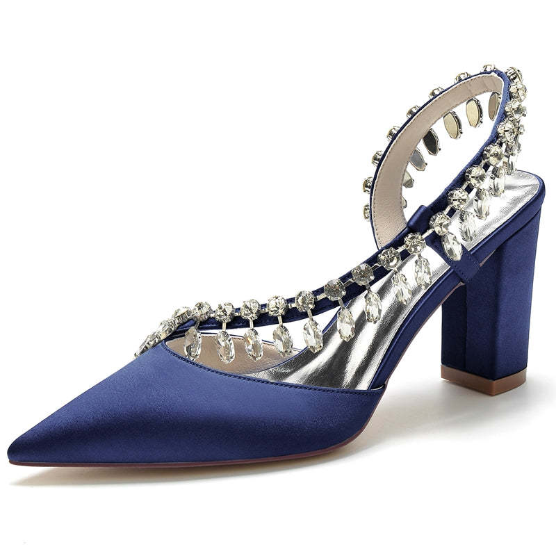 Bridal Shoes for Women with Closed Toe Block Heel and Curved Rhinestone Design