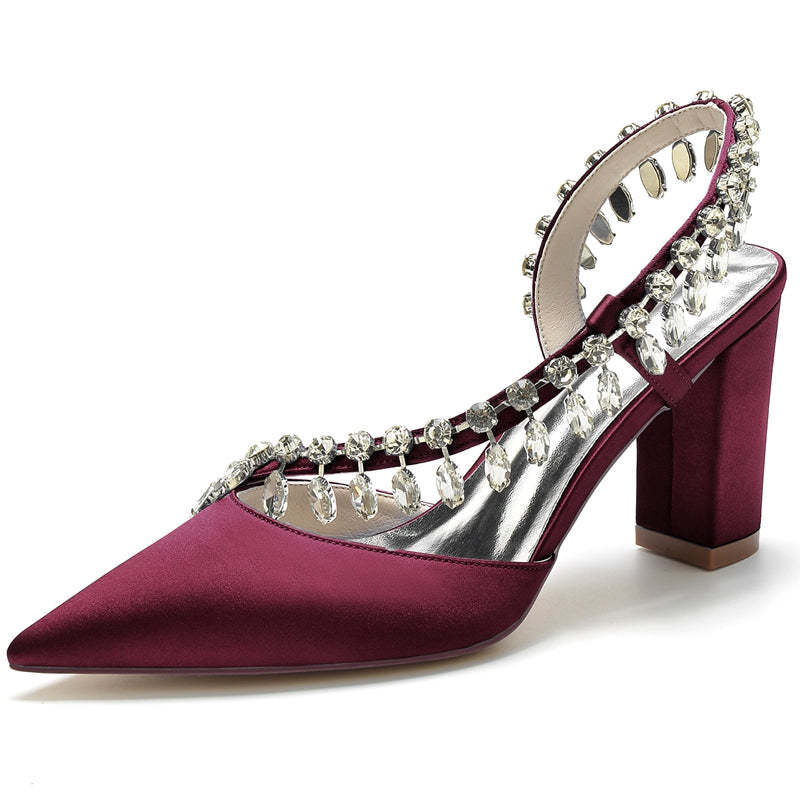 Bridal Shoes for Women with Closed Toe Block Heel and Curved Rhinestone Design