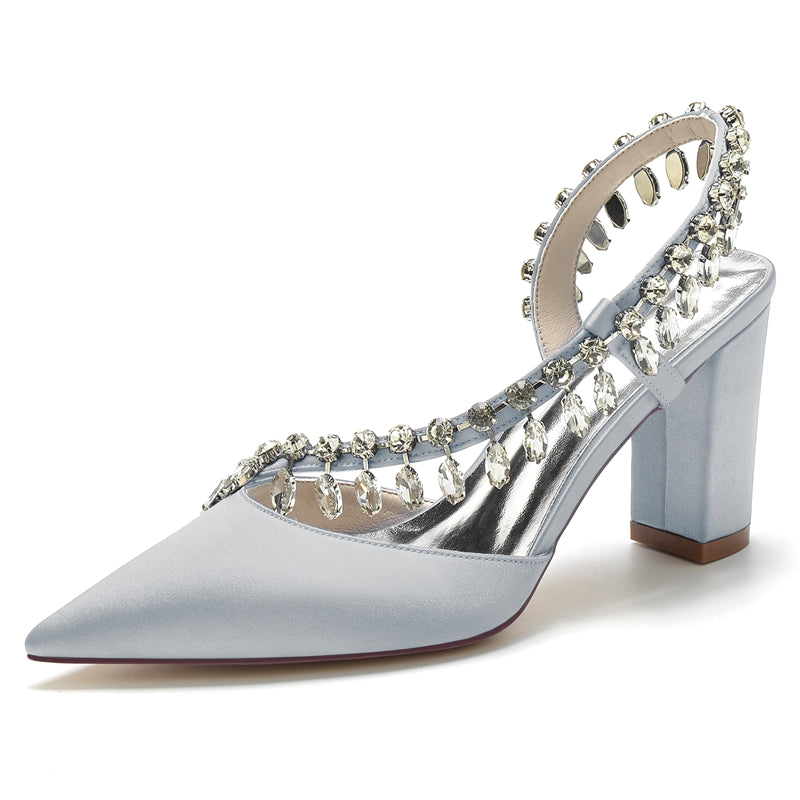 Bridal Shoes for Women with Closed Toe Block Heel and Curved Rhinestone Design