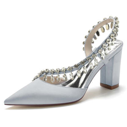 Bridal Shoes for Women with Closed Toe Block Heel and Curved Rhinestone Design