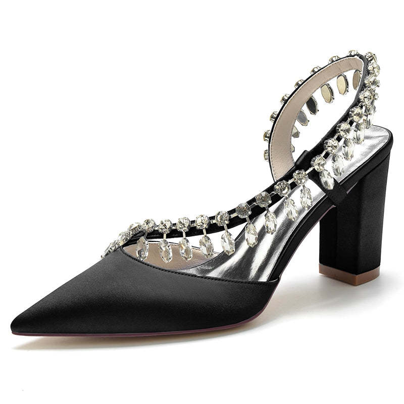Bridal Shoes for Women with Closed Toe Block Heel and Curved Rhinestone Design