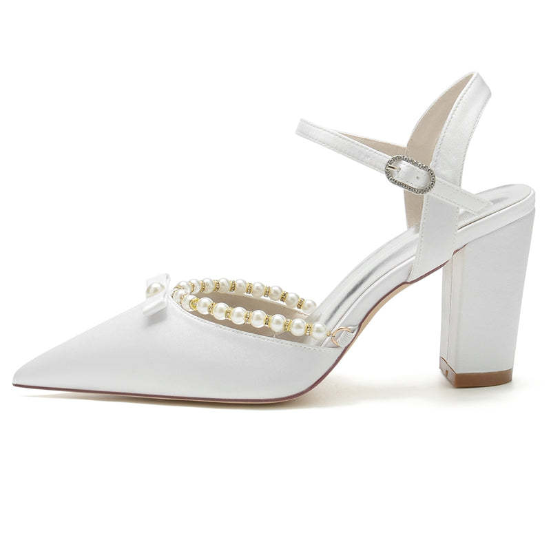Bridal Shoes for Women with Pearl and Bowknot Pointed Toe and High Block Heel