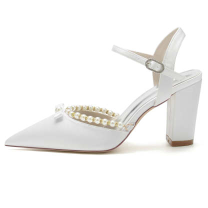 Bridal Shoes for Women with Pearl and Bowknot Pointed Toe and High Block Heel