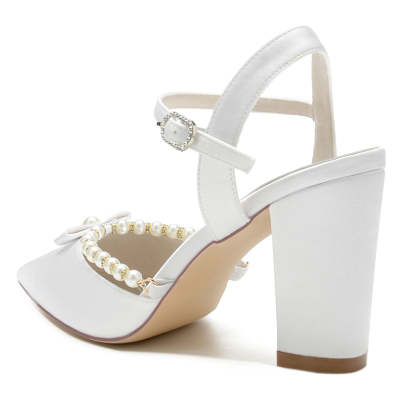Bridal Shoes for Women with Pearl and Bowknot Pointed Toe and High Block Heel