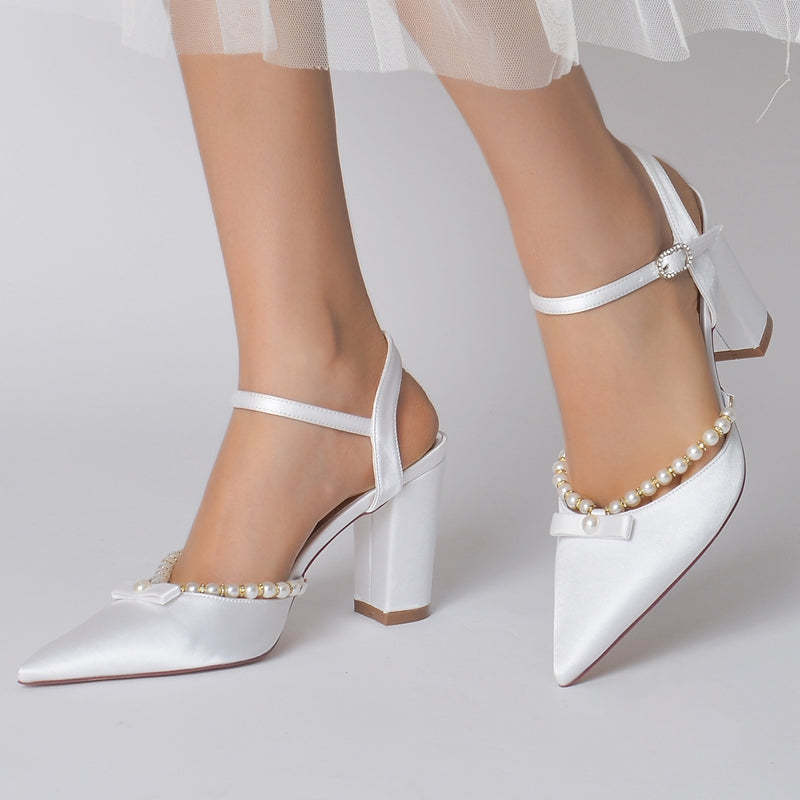 Bridal Shoes for Women with Pearl and Bowknot Pointed Toe and High Block Heel