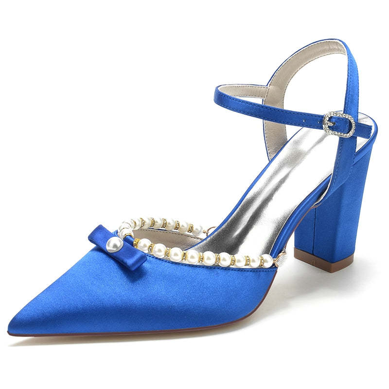 Bridal Shoes for Women with Pearl and Bowknot Pointed Toe and High Block Heel