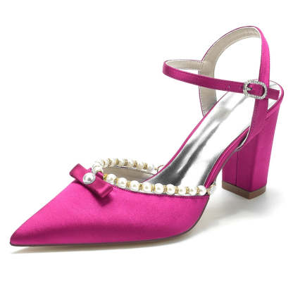 Bridal Shoes for Women with Pearl and Bowknot Pointed Toe and High Block Heel