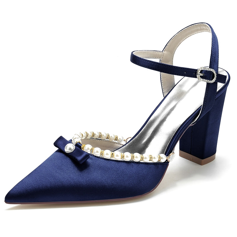 Bridal Shoes for Women with Pearl and Bowknot Pointed Toe and High Block Heel