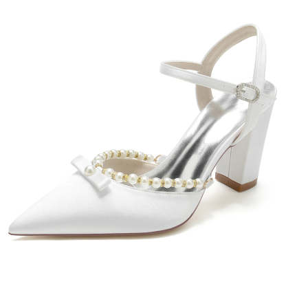 Bridal Shoes for Women with Pearl and Bowknot Pointed Toe and High Block Heel