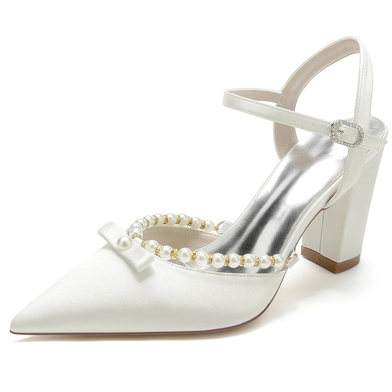 Bridal Shoes for Women with Pearl and Bowknot Pointed Toe and High Block Heel