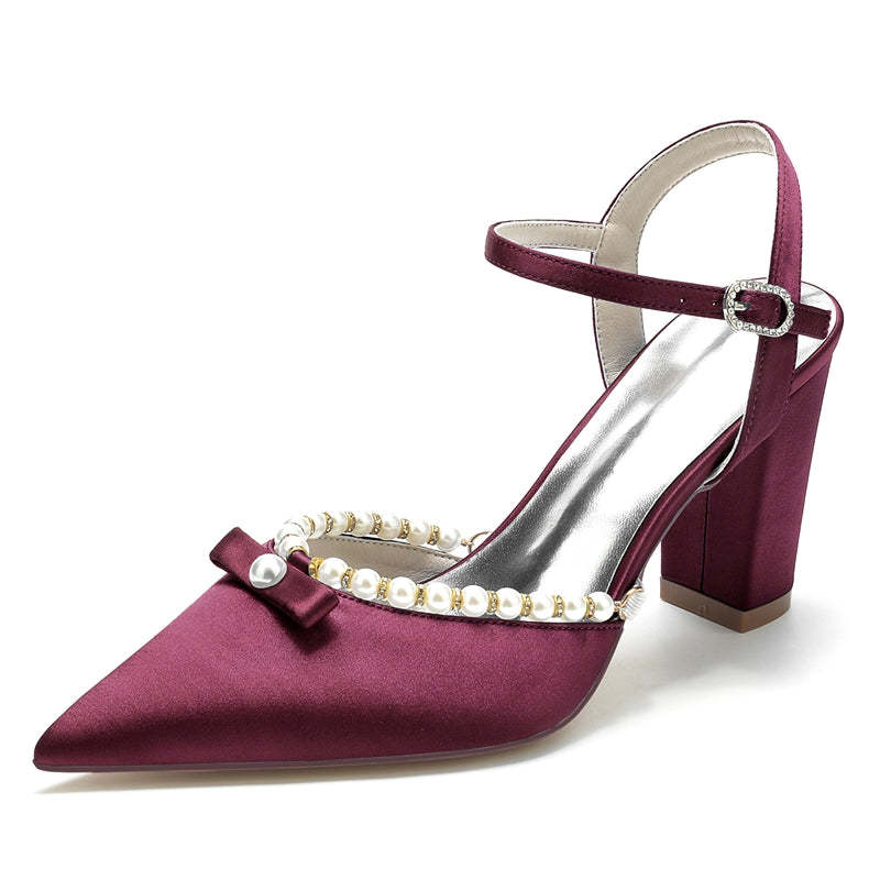 Bridal Shoes for Women with Pearl and Bowknot Pointed Toe and High Block Heel