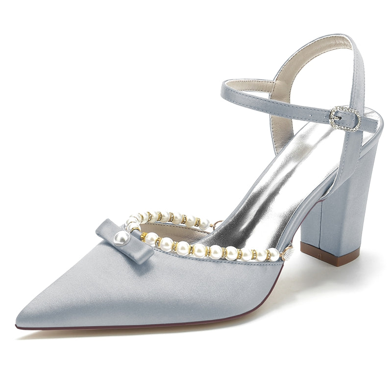 Bridal Shoes for Women with Pearl and Bowknot Pointed Toe and High Block Heel