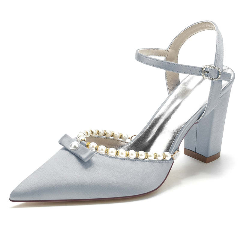 Bridal Shoes for Women with Pearl and Bowknot Pointed Toe and High Block Heel