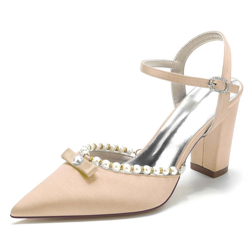 Bridal Shoes for Women with Pearl and Bowknot Pointed Toe and High Block Heel