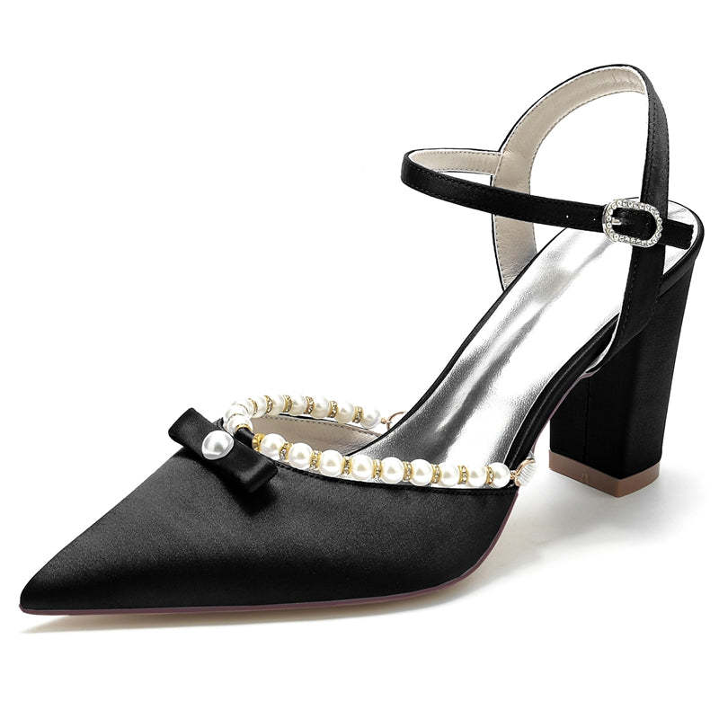 Bridal Shoes for Women with Pearl and Bowknot Pointed Toe and High Block Heel