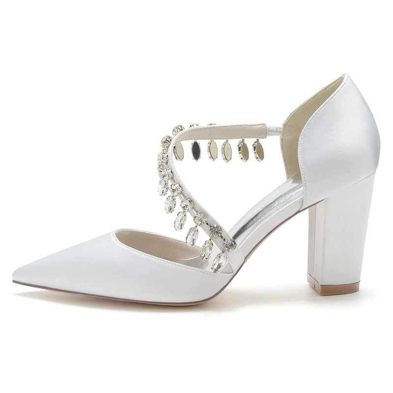 Bridal High Heel Wedding Shoes for Women with Rhinestone Straps and Pointed Toes