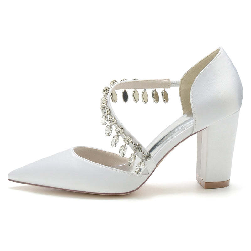 Bridal High Heel Wedding Shoes for Women with Rhinestone Straps and Pointed Toes