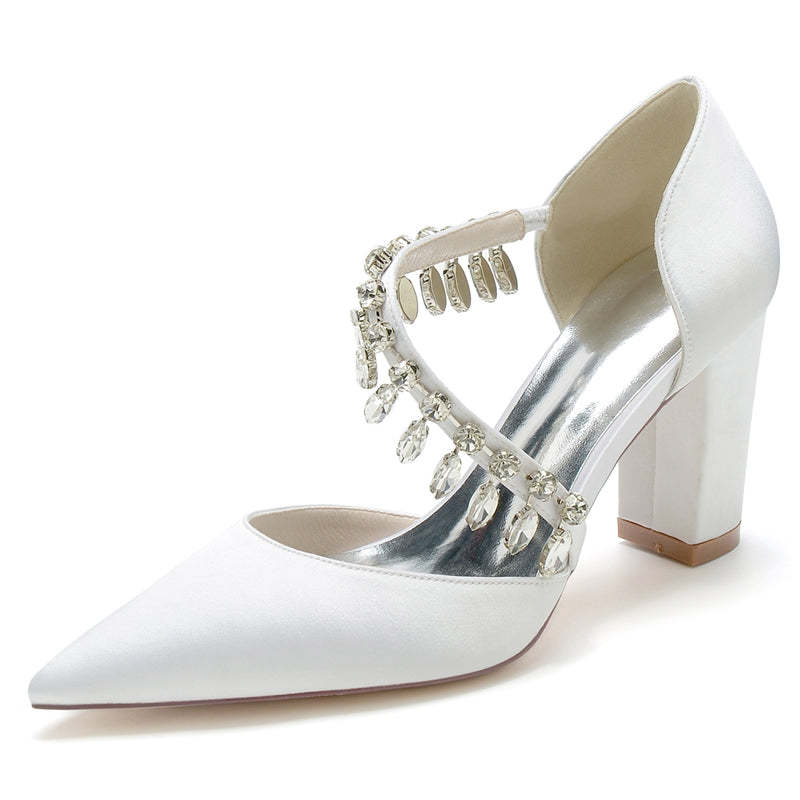 Bridal High Heel Wedding Shoes for Women with Rhinestone Straps and Pointed Toes