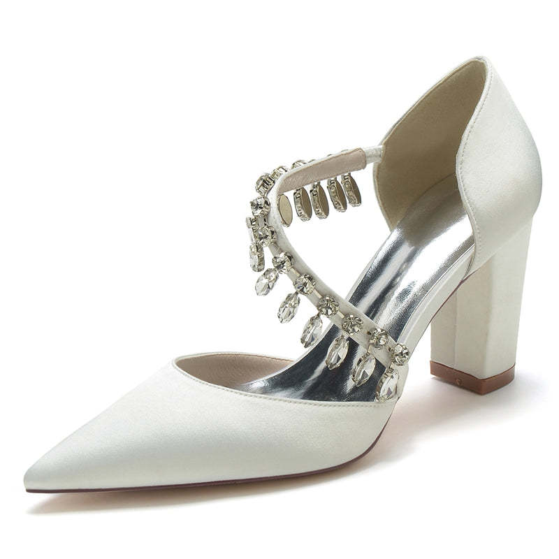 Bridal High Heel Wedding Shoes for Women with Rhinestone Straps and Pointed Toes
