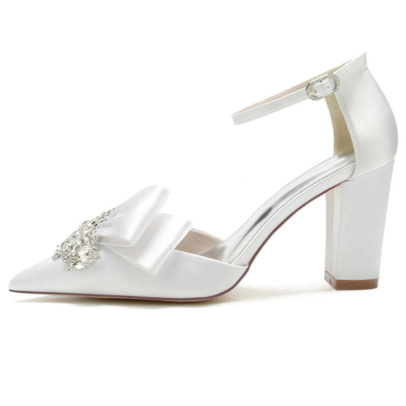 Luxurious Bridal Shoes for Women with Rhinestone Buckle and Pointed Toe Ruffles