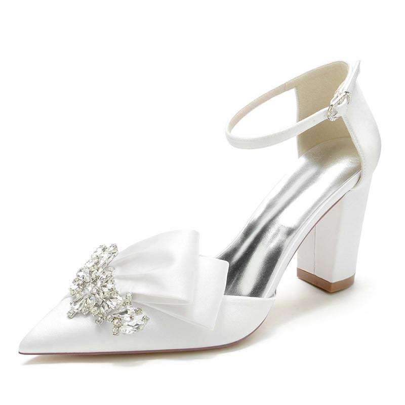 Luxurious Bridal Shoes for Women with Rhinestone Buckle and Pointed Toe Ruffles