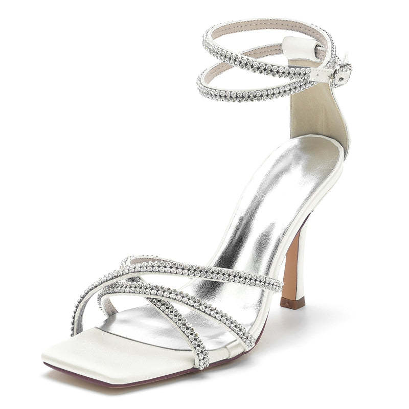 Chic Peep Toe Women's Wedding Shoes with Crystal Crossed Straps and Ankle Buckle