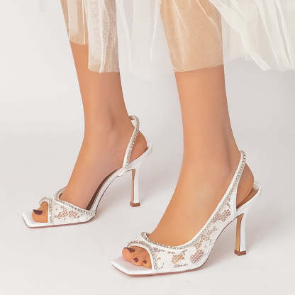 Chic Peep Toe Stiletto Heel Bridal Shoes for Women with Curved Rhinestone Lace