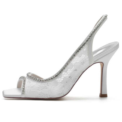 Chic Peep Toe Stiletto Heel Bridal Shoes for Women with Curved Rhinestone Lace
