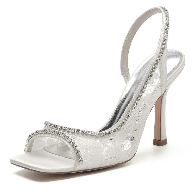 Chic Peep Toe Stiletto Heel Bridal Shoes for Women with Curved Rhinestone Lace
