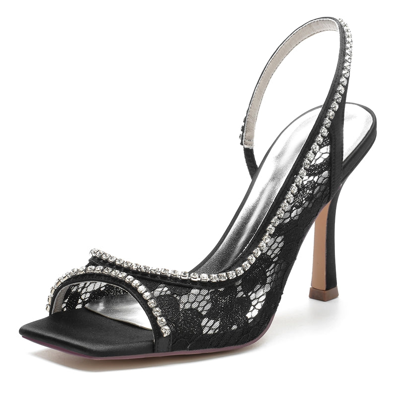 Chic Peep Toe Stiletto Heel Bridal Shoes for Women with Curved Rhinestone Lace