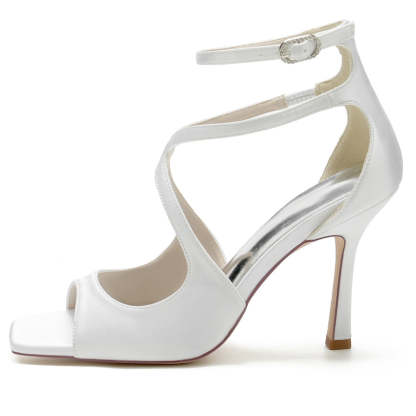 Bridal Stiletto Heels for Women with Peep Toe and Crossed Buckle Straps