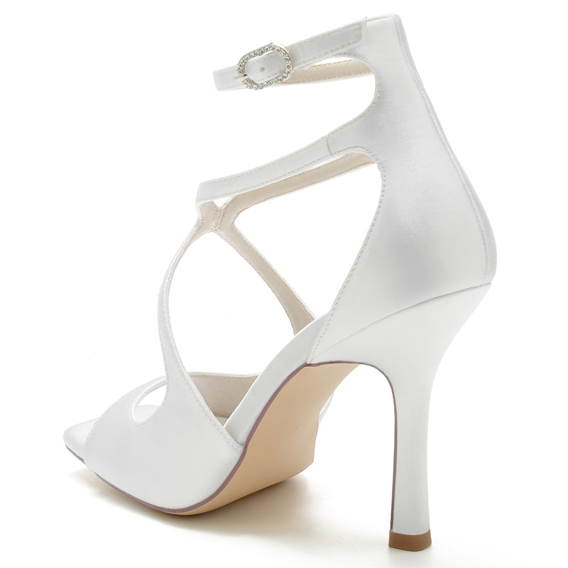 Bridal Stiletto Heels for Women with Peep Toe and Crossed Buckle Straps