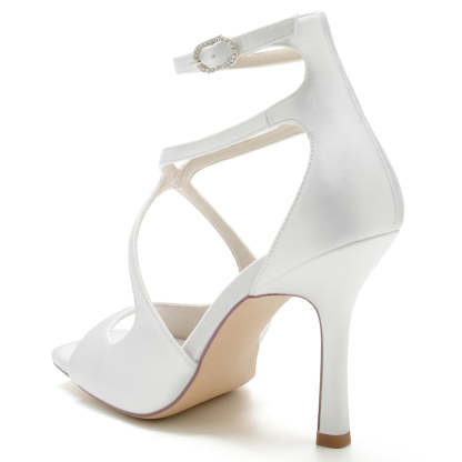 Bridal Stiletto Heels for Women with Peep Toe and Crossed Buckle Straps