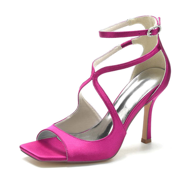 Bridal Stiletto Heels for Women with Peep Toe and Crossed Buckle Straps