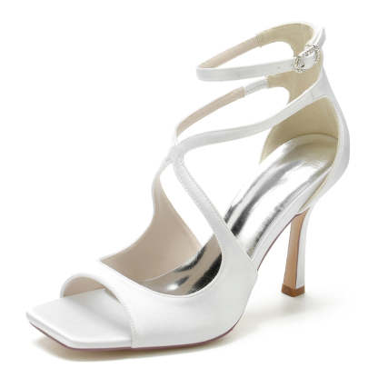 Bridal Stiletto Heels for Women with Peep Toe and Crossed Buckle Straps