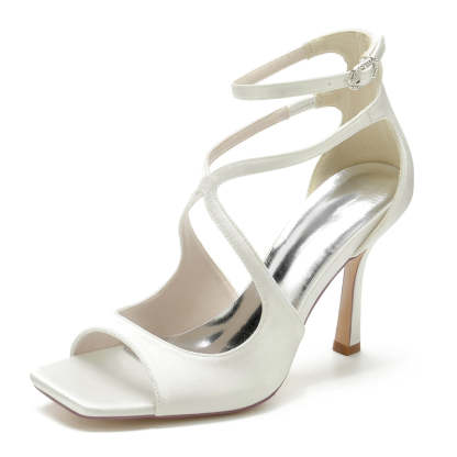 Bridal Stiletto Heels for Women with Peep Toe and Crossed Buckle Straps