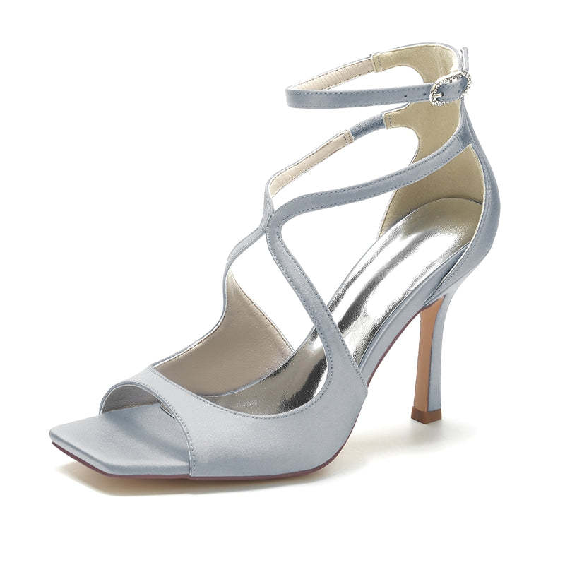 Bridal Stiletto Heels for Women with Peep Toe and Crossed Buckle Straps