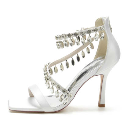 Exquisite Peep Toe Stiletto Heel Bridal Shoes for Women with Rhinestone Buckle
