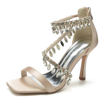 Exquisite Peep Toe Stiletto Heel Bridal Shoes for Women with Rhinestone Buckle