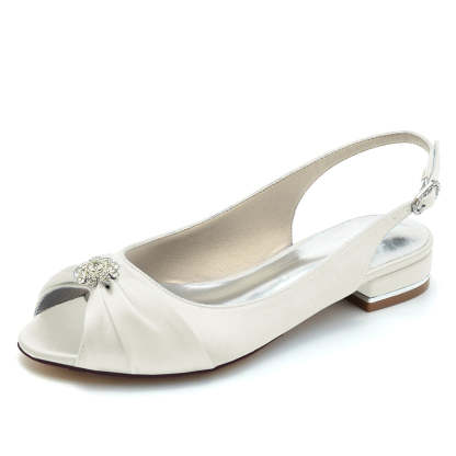 Comfortable Open-Toe Bridal Shoes for Women with Rhinestones and Ruffles