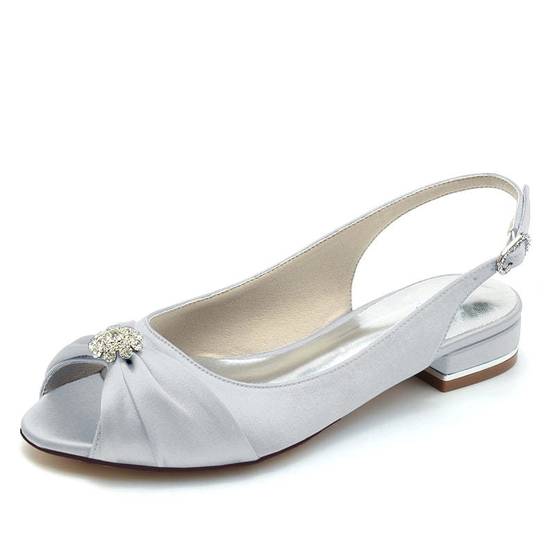 Comfortable Open-Toe Bridal Shoes for Women with Rhinestones and Ruffles