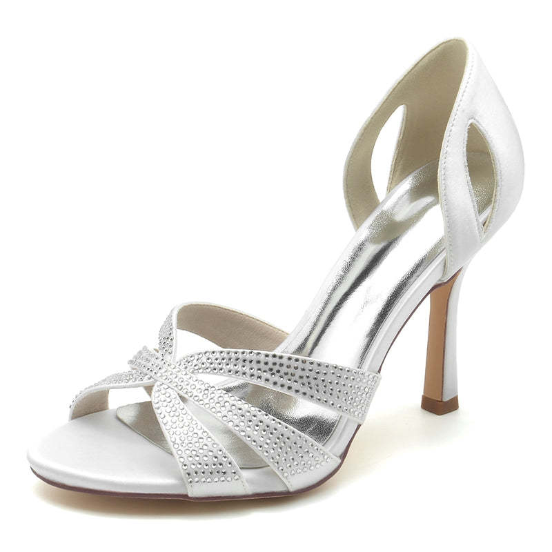 Bridal Shoes for Women with Peep Toe High Heel and Crossed Straps Featuring Imitation Crystal