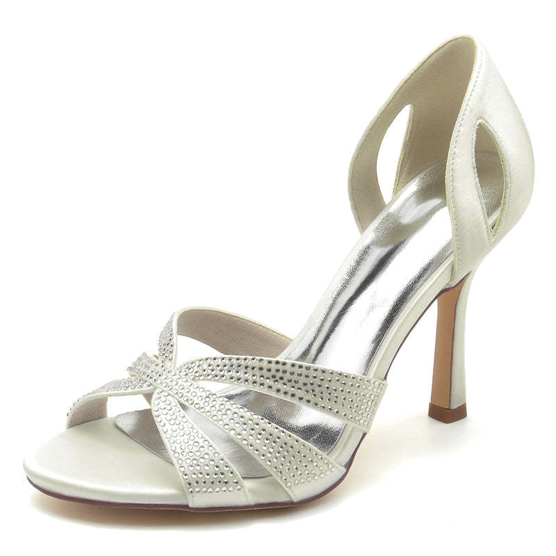 Bridal Shoes for Women with Peep Toe High Heel and Crossed Straps Featuring Imitation Crystal