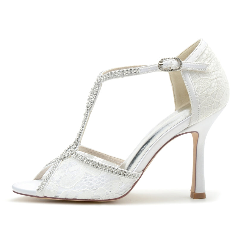 Elegant Peep Toe High Heel Wedding Shoes with Crystal Lace Straps and Luxurious Buckle