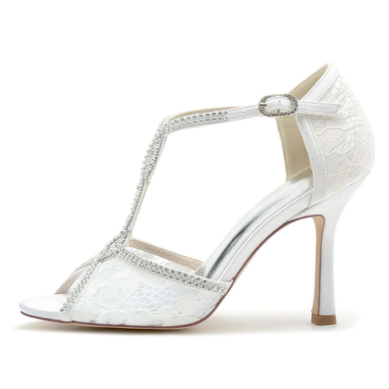 Elegant Peep Toe High Heel Wedding Shoes with Crystal Lace Straps and Luxurious Buckle