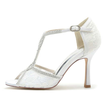 Elegant Peep Toe High Heel Wedding Shoes with Crystal Lace Straps and Luxurious Buckle