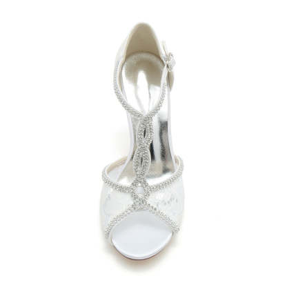 Elegant Peep Toe High Heel Wedding Shoes with Crystal Lace Straps and Luxurious Buckle