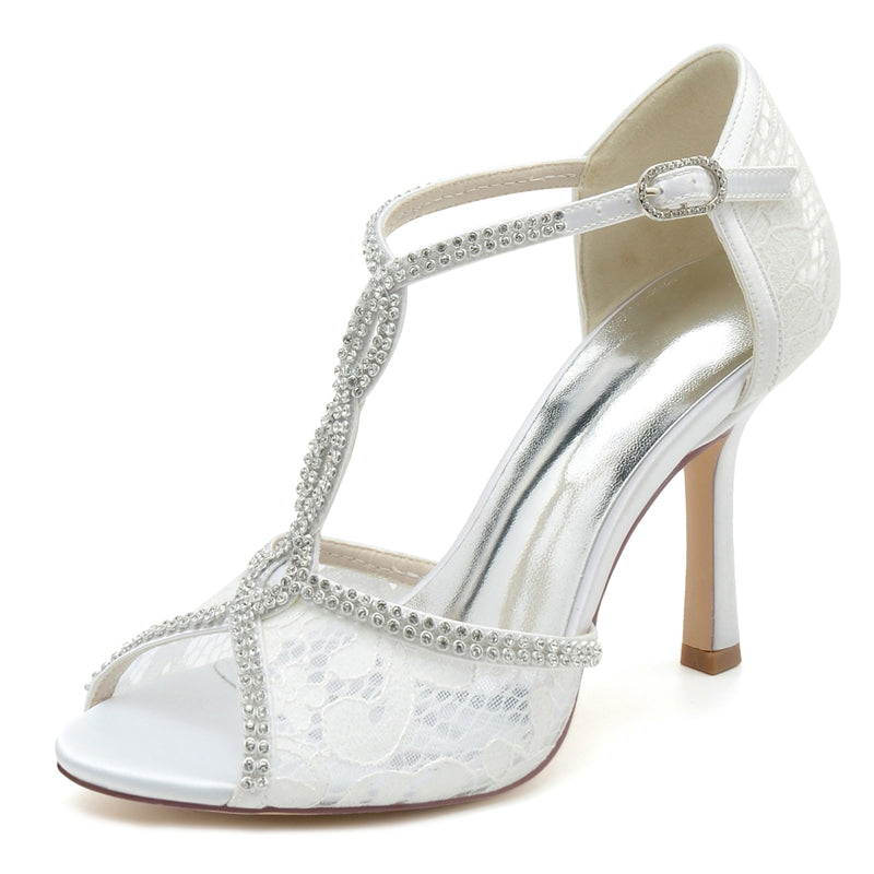 Elegant Peep Toe High Heel Wedding Shoes with Crystal Lace Straps and Luxurious Buckle